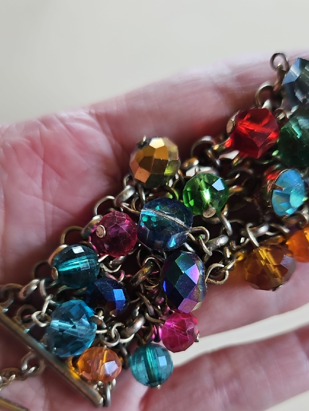 Multicolor Crystal Aurora Borealis Cluster Toggle Mesh Wide Bracelet Gold Tone - Picture 7 of 7